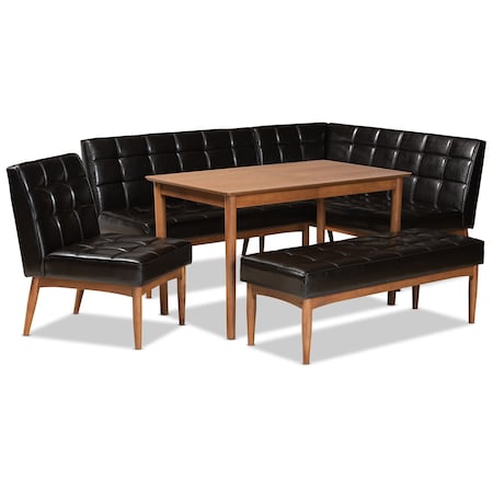 Baxton Studio Sanford Mid-Century Dark Brown Faux Leather and Walnut Brown Finished Wood 5-PC Dining Nook Set 184-11343-11344-11345-9305-Zoro